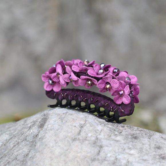 Handmade Dark Purple Floral Hair Claw Jaw Clip for Her Crystal Barrette Clip - Picture 7 of 7